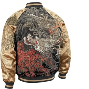 Unused Karakuri Tamashii Sukajan Jacket Embroidered Dragon Gold Black Size XXL - Picture 1 of 10