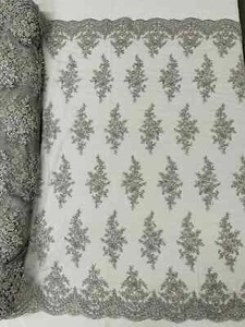 Fancy Border Cluster Fabric - Silver - Embroidered Beaded Flower Design By Yard - Picture 1 of 4