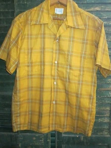 Mustard Plaid Vtg 1960s Loop Collar Penney's TOWNCRAFT Double Pocket Shirt Med - Picture 1 of 7
