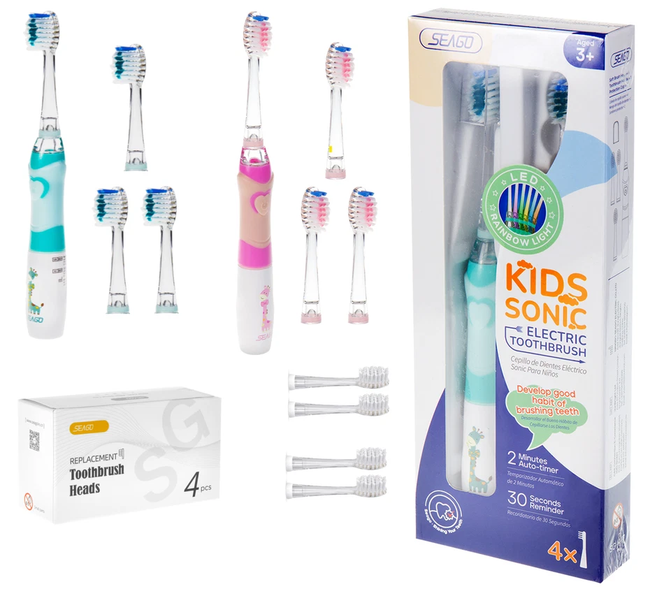 Kids Sonic Toothbrush LED 2 Minutes Timer IPX7 + 3 Tips / 4PCS Replacement Heads - Image 1 of 1