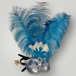 La Maschera Del Galeone Venetian Hand Painted Mask Venice Feathers Blue New Year - Picture 1 of 19