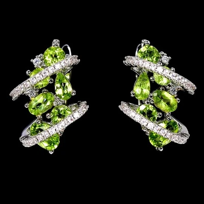 NATURAL AAA GREEN PERIDOT & WHITE CZ STERLING 925 SILVER DROP EARRING - Image 1 of 4