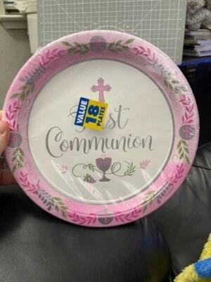 Communion Day Girl Pink 10.5" Paper Dinner Plates 18ct. Party Supply New!!! - Image 1 of 2