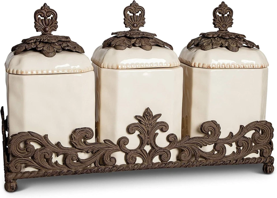 GG Collection Gracious Goods 3 Piece Cream Ceramic Canister Set With Metal Base