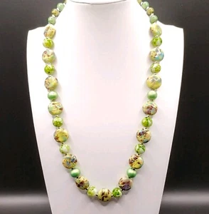 Glass Lime Apple Green Necklace Mottled With Teal And Brown Wood Adjustable Boho - Picture 1 of 12