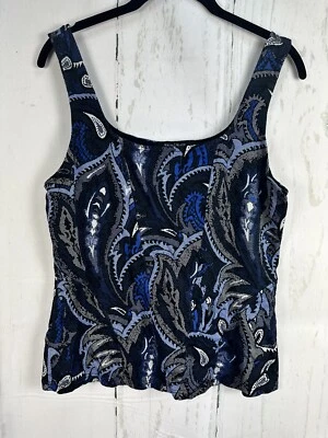 White House Black Market L Black Blue White Paisley Stretch Tank Top Foto 1 de 4