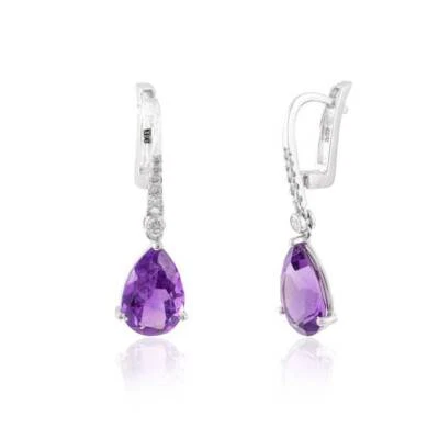 14K Solid White Gold Natural Amethyst and Diamonds Huggie Drop Earrings - Image 1 of 4