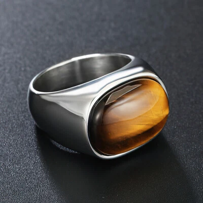 Hombres Mujeres Ojo de Tigre Piedra Anillo Acero Inoxidable Banda Joyería Plata Oro Regalo Foto 1 de 4