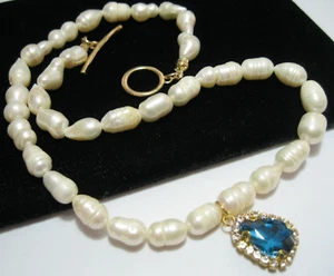 Real Baroque Freshwater Pearl NECKLACE Blue Crystal Charm New Gift CHOKER Length - Picture 1 of 6