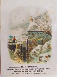 H J Burtis Pianos Organs, Victorian Trade Card, Waterwheel in Snow - Picture 1 of 3