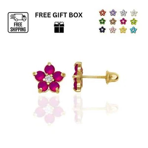 14k Yellow and White Gold CZ Flower Birthstone Stud Screw Back Earrings - Picture 1 of 2