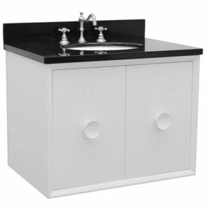 Stora 31" Wall Mount Oval Sink Solid Wood Vanity in White/Black Galaxy - Picture 1 of 8