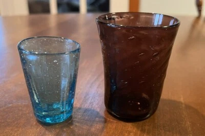 Shot Glasses Hand Blown Recycled Glass Amber Brown And Aqua Blue Bubbles - Image 1 of 4