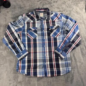 Levi’s XL Pearl Snap Western Shirt Blue Red Plaid Long Sleeve Cowboy 23x31 Rodeo - Picture 1 of 6