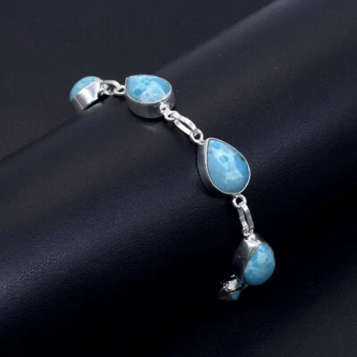 Pulsera Larimar Azul Lágrima Venta Madre Plata de Ley 925 Chapada 7.5" Foto 1 de 4