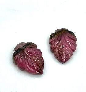 Matched Pair Carved Leaf Bi-color Tourmaline Cabachons Pink Green 6.53cttw