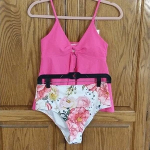 Beachsissi NWT Sz Medium Tankini Swimsuit 2 Pc Pink White Floral Tummy Control - Picture 1 of 11