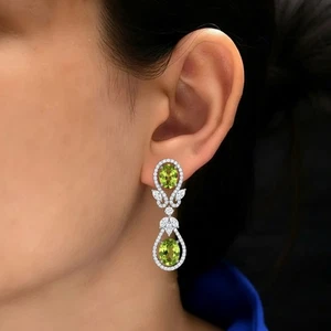 Green Peridot & Diamond Wedding Jewelry 925 Silver Drop Earrings Christmas Gift - Picture 1 of 10