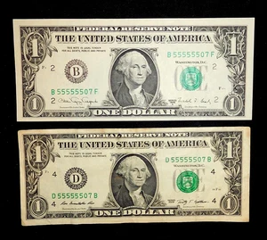 55555507 MATCHING PAIR  1988 2009 Series Fancy Serial # Note Near Solid Bill $1 - Picture 1 of 3