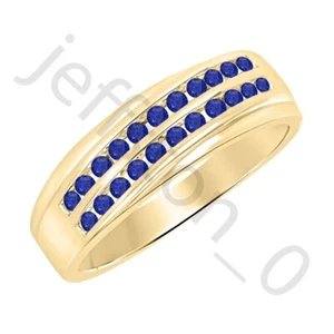 0.90 Ctw Lab Created Blue Sapphire 14K Yellow Gold Over Two Rows Band Men's Ring - Picture 1 of 5