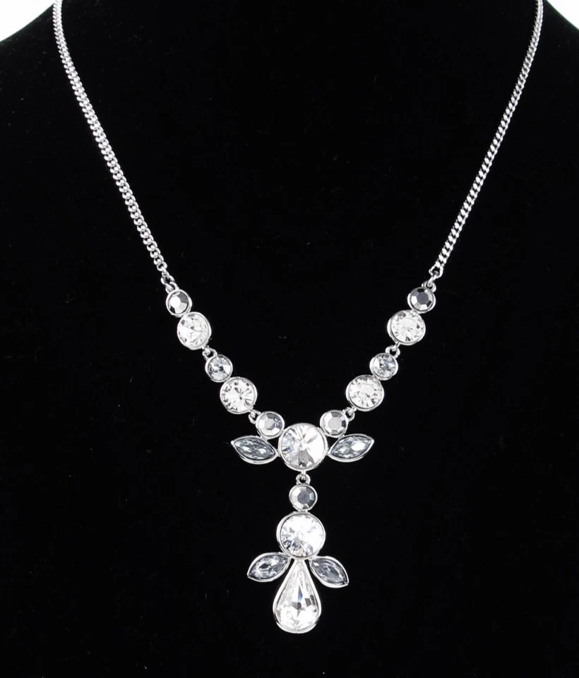 Givenchy Silver Tone Crescent Grey Clear Multi Crystal Y Drop Necklace