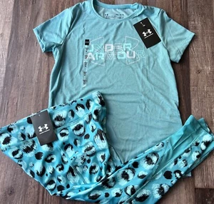 NWT Under Armour YXL Girls Teal/Aqua/Black BIG LOGO Graphic PrintLeggings Set - Picture 1 of 5