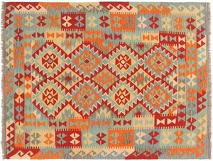 Maimana Kelim Teppich 150x200 Handgewebt Blau Geometrisch Handarbeit - Picture 1 of 9