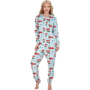 woman’s s/m fleece pajamas Christmas PRINTED HOLIDAY ONE-PIECE HOODED - Picture 1 of 9