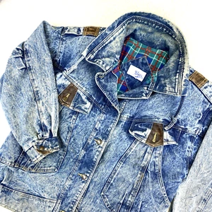 Vintage Blues Denim Jacket Acid Washed L Double Collar 80s Mallrat Leather Trim - Picture 1 of 21