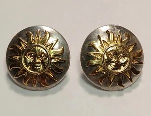 Vintage Sterling Silver With Gold Accents Sun Face Stud Earrings Made In Mexico - Picture 1 of 3