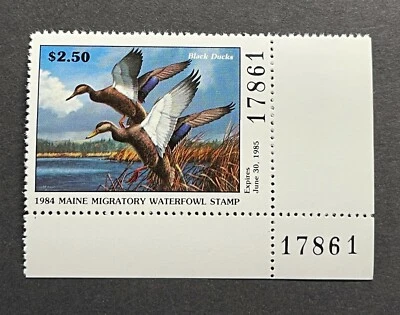 WTDstamps - 1984 MAINE - Plate# - State Duck Stamp - Lot1 - Mint OG NH  - Image 1 of 2