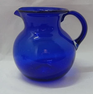Vintage Cobalt Blue Glass Pitcher Hand Blown 7" Art Glass MCM - Picture 1 of 6