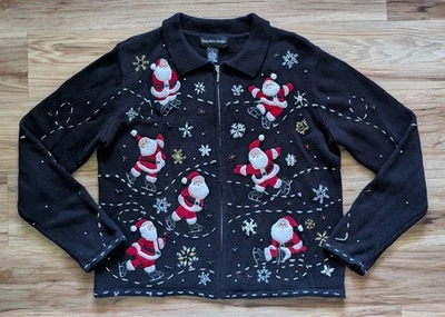 Vintage Knit Christmas Sweater Womens M Black Santa Double Side Embroidered Bead - Image 1 of 4