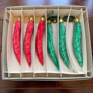 Set 6 Ornamenti Peperoncino Rosso e Verde Dipinti a Mano Vetro Soffiato Natale - Foto 1 di 4