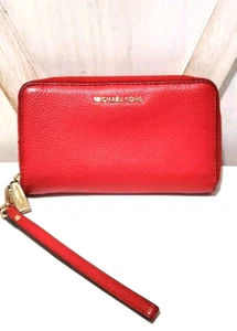 Michael Kors Mujer Piel Rojo Cereza Cremallera Alrededor Viaje Cartera Muñequera Plateada - Imagen 1 de 6