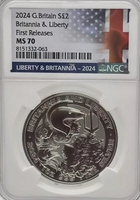 2024 Britannia & Liberty Silver Medal 2 Pounds MS 70 FR  ++TOP POP++ #1020 - Image 1 of 4