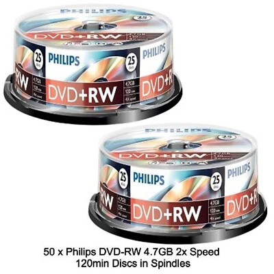 50 x Philips DVD+RW 4.7GB 120Min Rewritable 4x Speed 25s Blank Discs Spindle Tub - Image 1 of 4