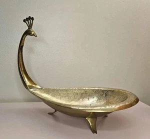Large Vintage Etched Brass Peacock Footed Bowl Ornate India Made 1950s - Picture 1 of 10