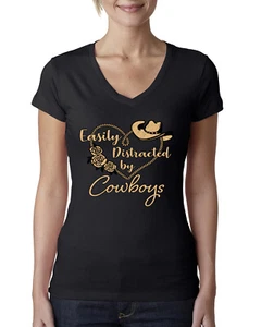 Easily Distracted by Cowboys Southern West Wild Women Junior V-Neck Tee - Picture 1 of 13