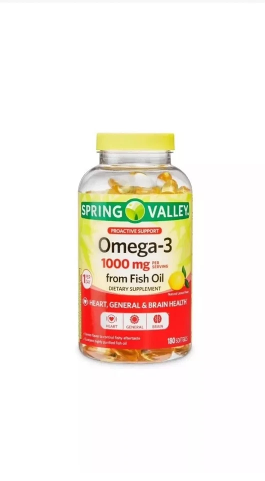 Spring Valley Omega-3 Fish Oil Soft Gels, 1000 mg, 180 Count. Exp:11/2025 - Image 1 of 1