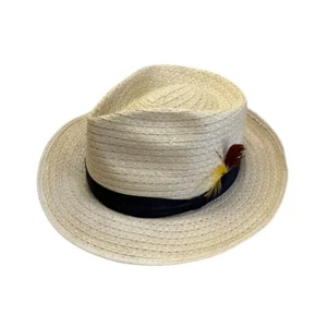Vintage Park Plaza Straw Fedora Hat W/ Black Band & Feather Accent Size 6 7/8 - Picture 1 of 12