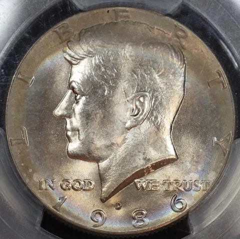 1986 D Kennedy Half Dollar PCGS MS65 Toned with video Cover