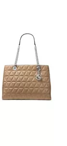 Michael Kors $398 Quilted Lambskin Leather Tote Bag Silver Chain Link Strap Tan - Picture 1 of 17