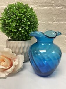 Vintage Hand Blown Electric Blue Swirl Glass Flower Vase w Ruffled Lip Fenton ?
