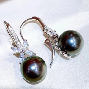stuning pair of 9-10mm tahitian round black green pearl dangle earring 925s(T) - Picture 1 of 4