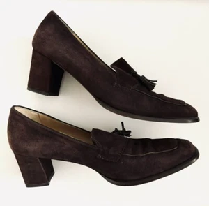Ann Taylor Vintage Brown Suede Tasseled Block Heel Loafers Size 9 Made in Italy - Picture 1 of 5