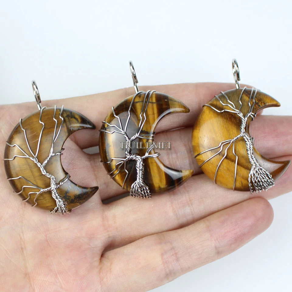 3pcs Tiger's eye Stone Moon Pendant Tree of Life Wire Wrap Reiki Chakra Healing - Image 1 of 1