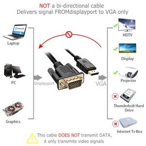 DisplayPort DP to VGA Cable Gold Plated 6 Feet Cord 1080p For Lenovo Dell HP - Picture 1 of 11