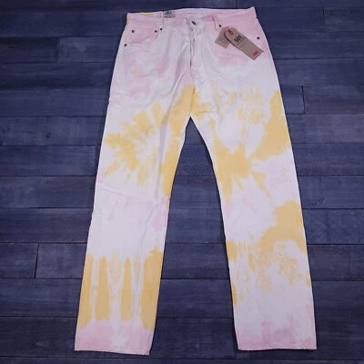 LEVI'S 501 93' Straight Tie Dye Denim Button Fly Jeans Mens 34x32 Pink Yellow - Image 1 of 4