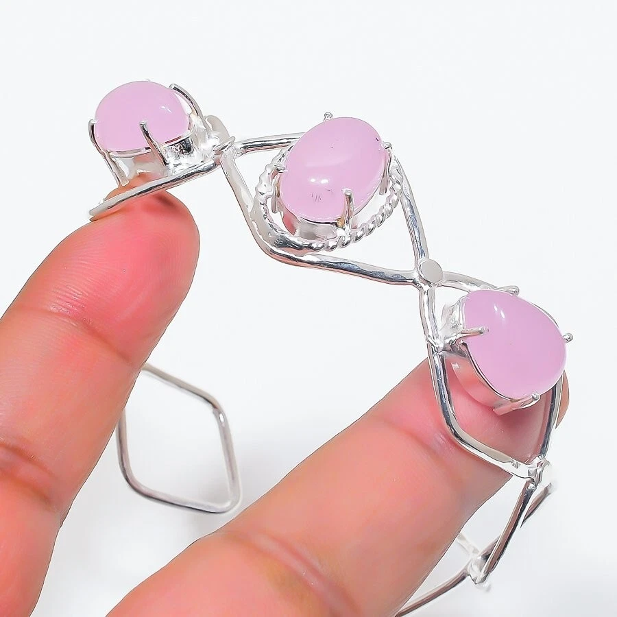 Brazalete ajustable de cuarzo rosa con piedras preciosas de plata de ley 925 Foto 1 de 1